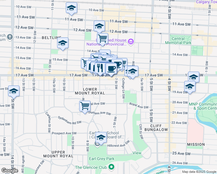 map of restaurants, bars, coffee shops, grocery stores, and more near 827 18 Avenue Southwest in Calgary