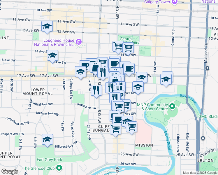 map of restaurants, bars, coffee shops, grocery stores, and more near 515 18 Avenue Southwest in Calgary