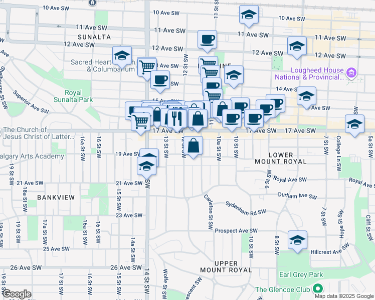 map of restaurants, bars, coffee shops, grocery stores, and more near 1730 12 Street Southwest in Calgary