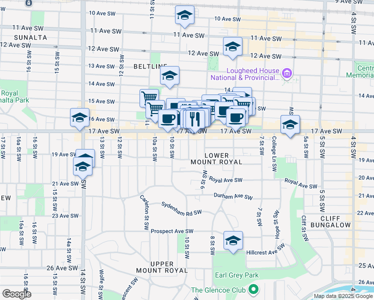 map of restaurants, bars, coffee shops, grocery stores, and more near 1036 17 Avenue Southwest in Calgary
