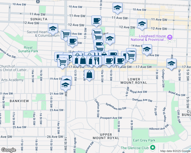 map of restaurants, bars, coffee shops, grocery stores, and more near 1230 17 Avenue Southwest in Calgary