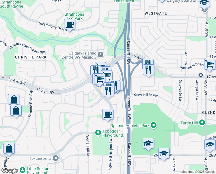 map of restaurants, bars, coffee shops, grocery stores, and more near 1851 Sirocco Drive Southwest in Calgary