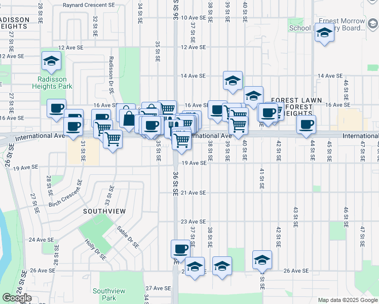 map of restaurants, bars, coffee shops, grocery stores, and more near 3707 17 Avenue Southeast in Calgary