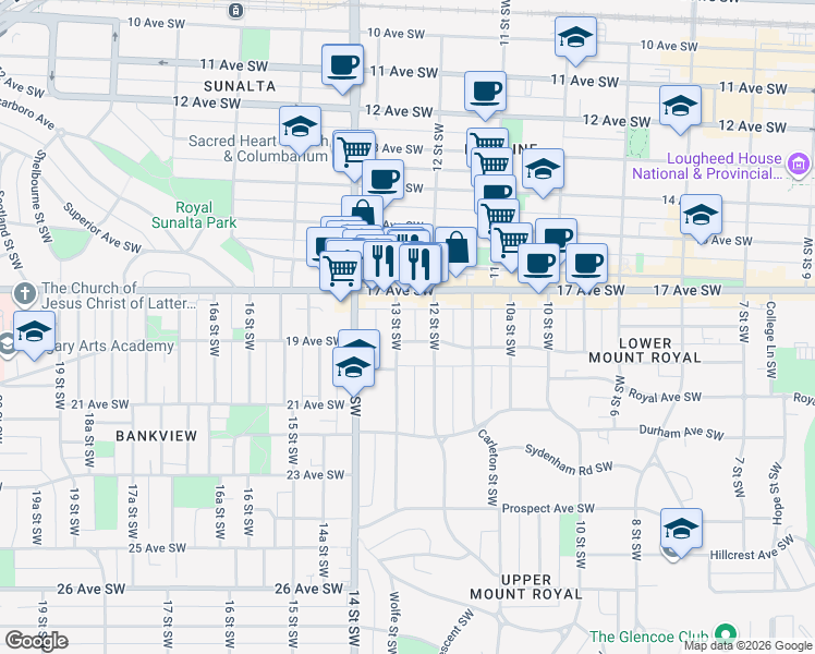map of restaurants, bars, coffee shops, grocery stores, and more near in Calgary