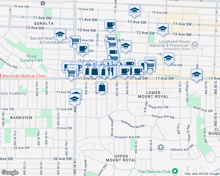 map of restaurants, bars, coffee shops, grocery stores, and more near 11 Street Southwest in Calgary