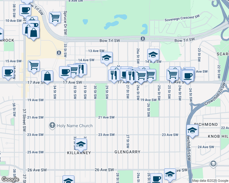 map of restaurants, bars, coffee shops, grocery stores, and more near in Calgary