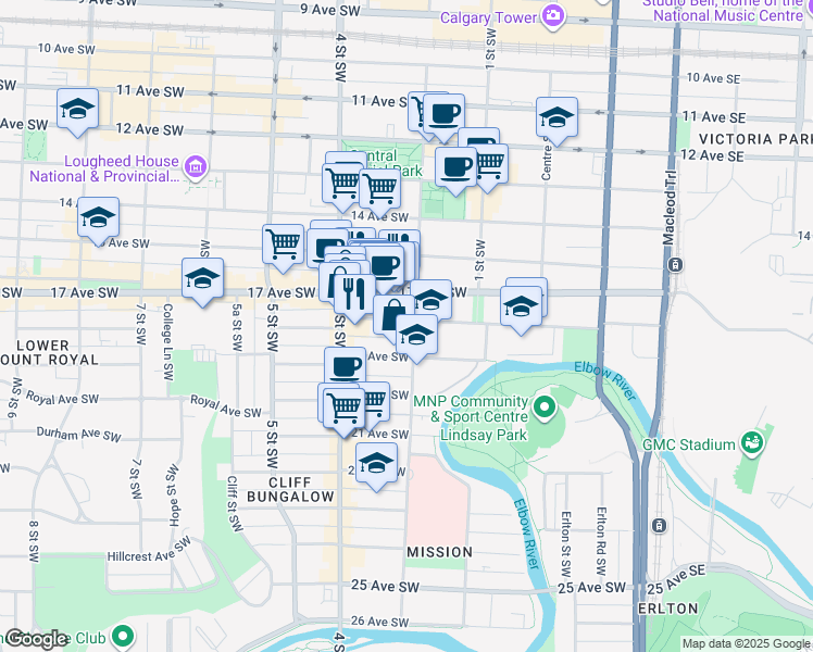 map of restaurants, bars, coffee shops, grocery stores, and more near in Calgary