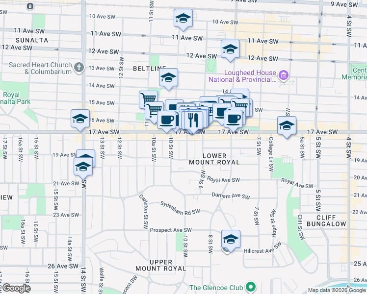 map of restaurants, bars, coffee shops, grocery stores, and more near 1719 9A Street Southwest in Calgary