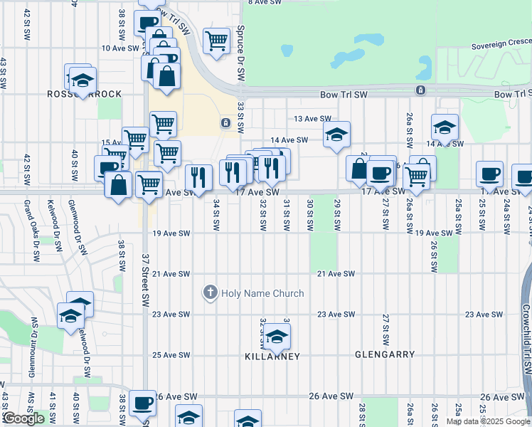 map of restaurants, bars, coffee shops, grocery stores, and more near in Calgary