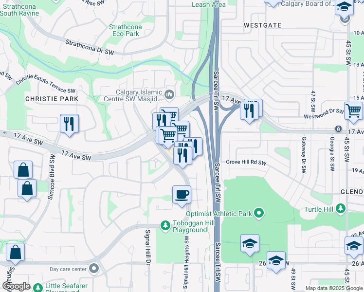 map of restaurants, bars, coffee shops, grocery stores, and more near 307, 1851 Sirocco Drive Southwest in Calgary