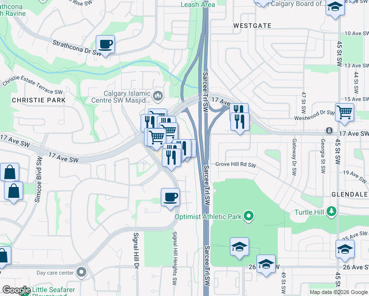 map of restaurants, bars, coffee shops, grocery stores, and more near 1888 Signature Park Southwest in Calgary