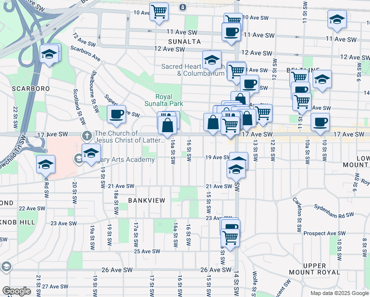 map of restaurants, bars, coffee shops, grocery stores, and more near 1817 16 Street Southwest in Calgary