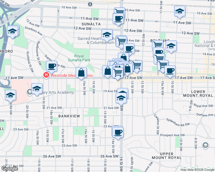 map of restaurants, bars, coffee shops, grocery stores, and more near 1511 17 Avenue Southwest in Calgary