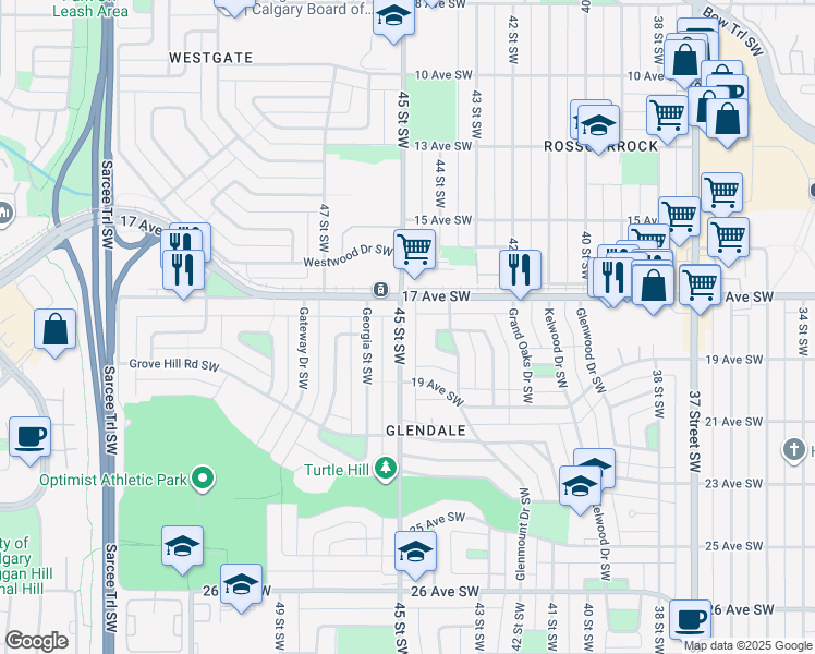 map of restaurants, bars, coffee shops, grocery stores, and more near 1916 45 Street Southwest in Calgary