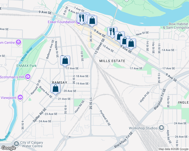 map of restaurants, bars, coffee shops, grocery stores, and more near 1109 17 Avenue Southeast in Calgary