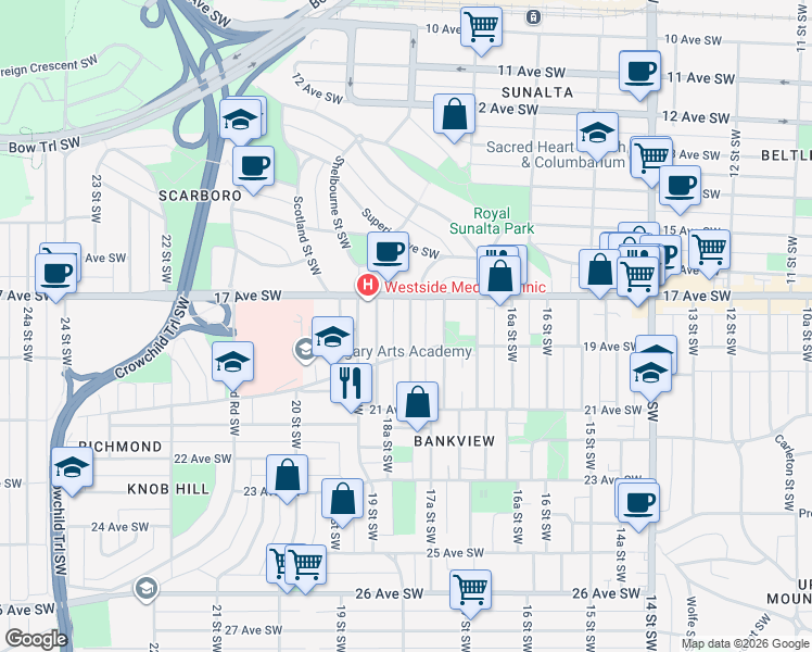 map of restaurants, bars, coffee shops, grocery stores, and more near 1818 18A Street Southwest in Calgary