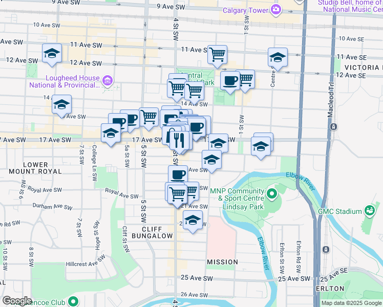 map of restaurants, bars, coffee shops, grocery stores, and more near in Calgary