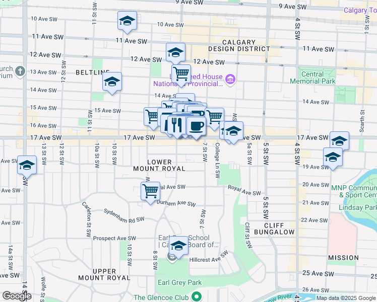 map of restaurants, bars, coffee shops, grocery stores, and more near 827 17 Avenue Southwest in Calgary