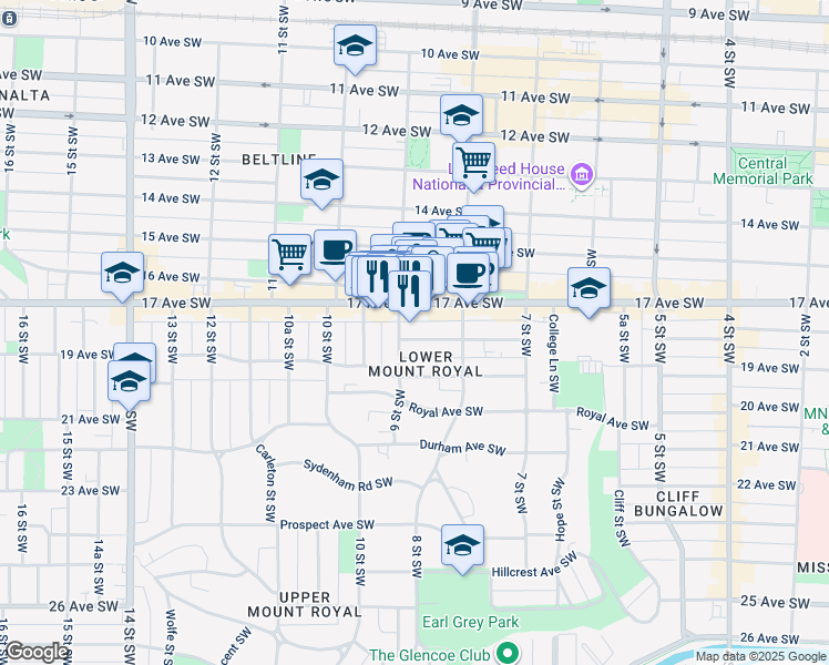 map of restaurants, bars, coffee shops, grocery stores, and more near 930 18 Avenue Southwest in Calgary