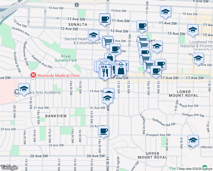 map of restaurants, bars, coffee shops, grocery stores, and more near 1428 17 Avenue Southwest in Calgary