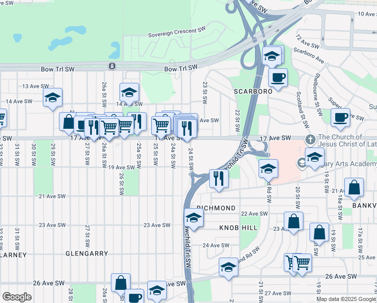 map of restaurants, bars, coffee shops, grocery stores, and more near 2505 17 Avenue Southwest in Calgary