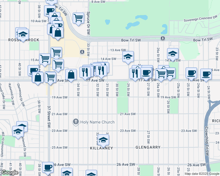 map of restaurants, bars, coffee shops, grocery stores, and more near in Calgary