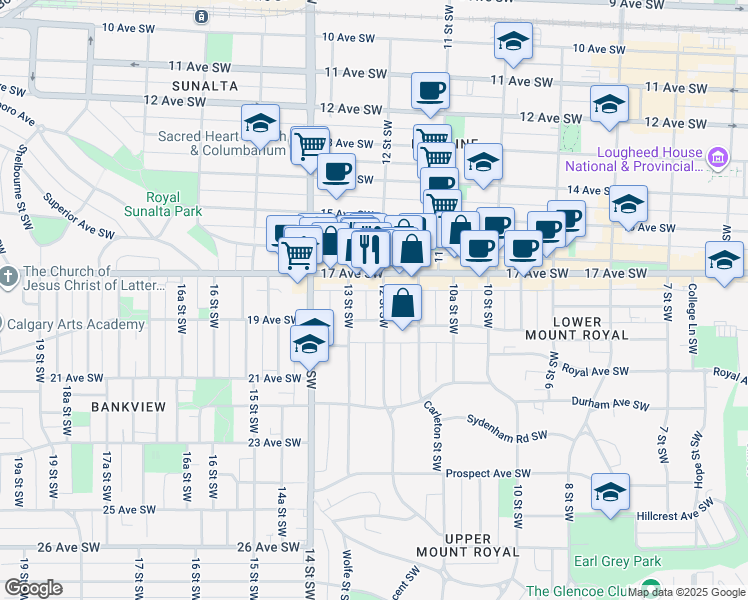 map of restaurants, bars, coffee shops, grocery stores, and more near 1717 12 Street Southwest in Calgary