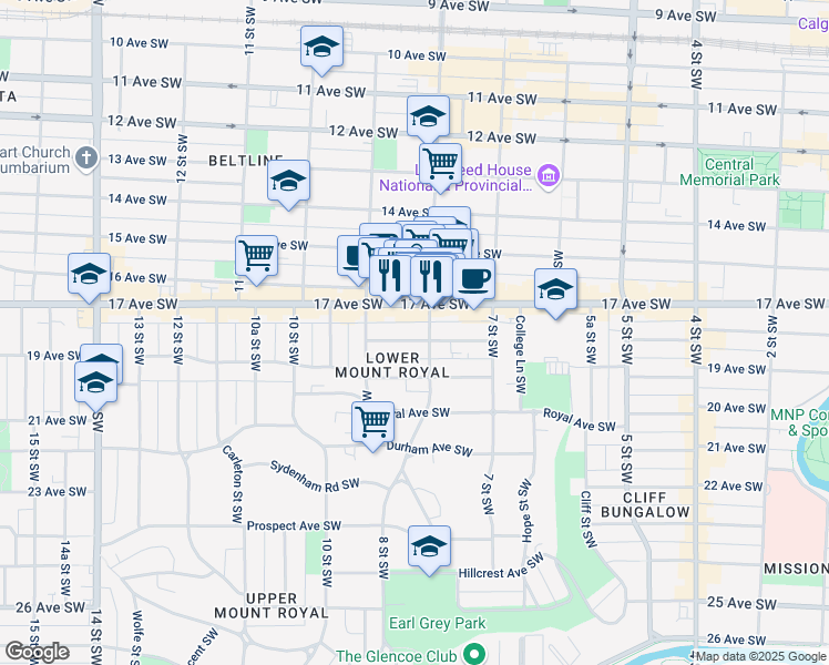 map of restaurants, bars, coffee shops, grocery stores, and more near 910 18 Avenue Southwest in Calgary