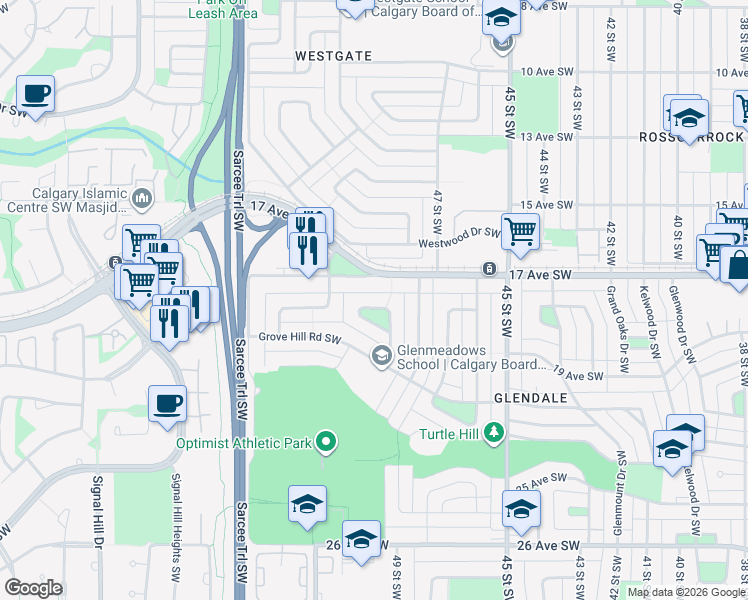 map of restaurants, bars, coffee shops, grocery stores, and more near 4935 17 Avenue Southwest in Calgary