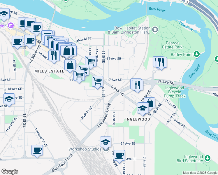 map of restaurants, bars, coffee shops, grocery stores, and more near 1659 17 Avenue Southeast in Calgary