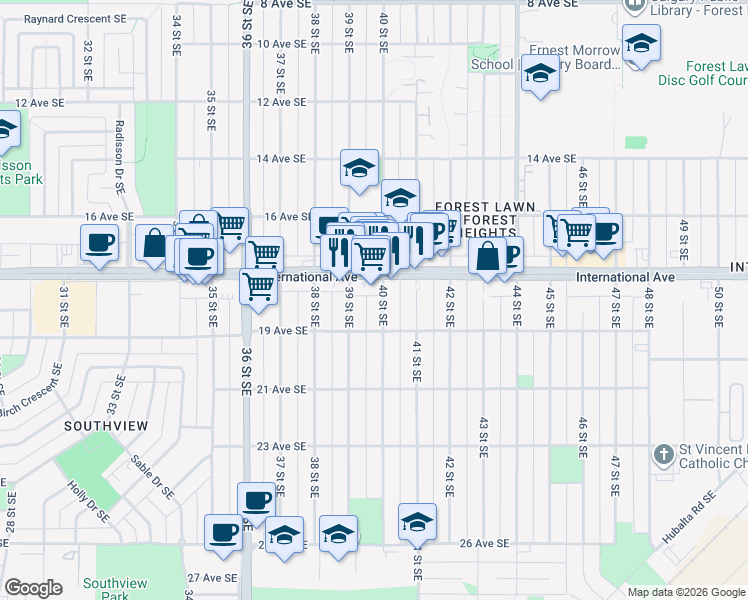 map of restaurants, bars, coffee shops, grocery stores, and more near 1819 40 Street Southeast in Calgary