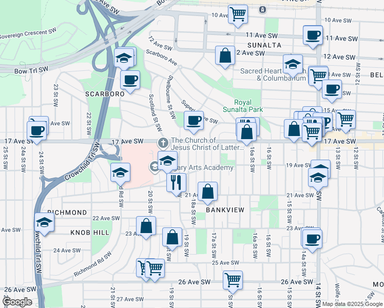 map of restaurants, bars, coffee shops, grocery stores, and more near 1818 18A Street Southwest in Calgary