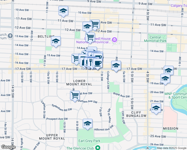 map of restaurants, bars, coffee shops, grocery stores, and more near 827 17 Avenue Southwest in Calgary