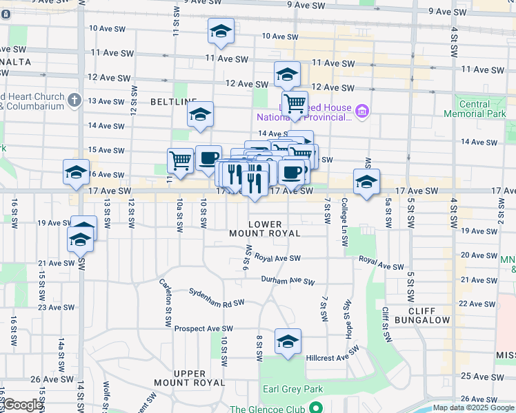 map of restaurants, bars, coffee shops, grocery stores, and more near 930 18 Avenue Southwest in Calgary