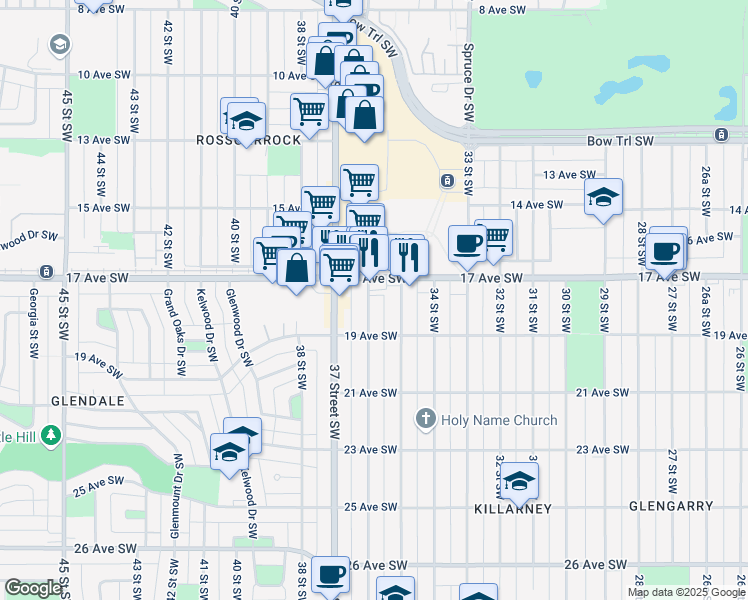 map of restaurants, bars, coffee shops, grocery stores, and more near 1916 36 Street Southwest in Calgary