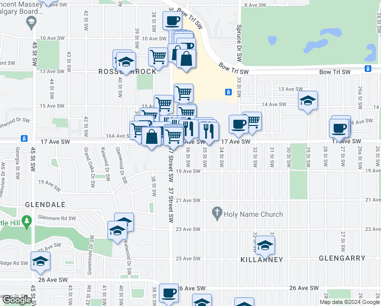 map of restaurants, bars, coffee shops, grocery stores, and more near 1916 36 Street Southwest in Calgary