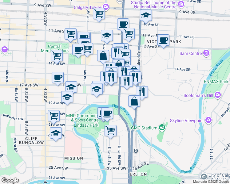 map of restaurants, bars, coffee shops, grocery stores, and more near 138 18 Avenue Southeast in Calgary
