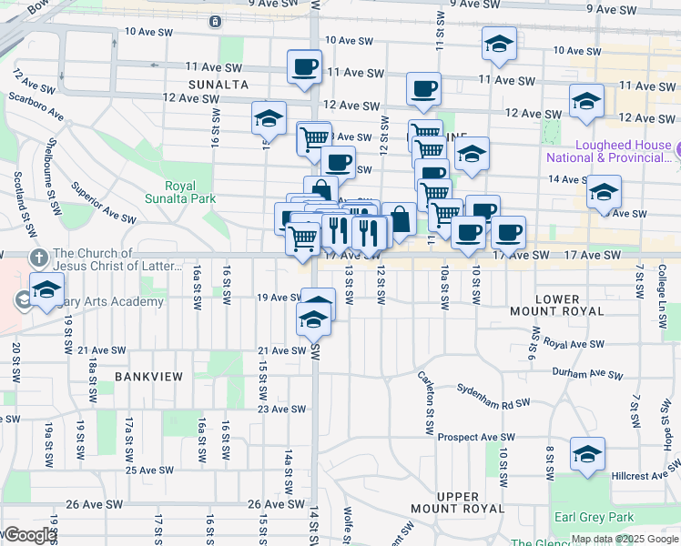 map of restaurants, bars, coffee shops, grocery stores, and more near in Calgary