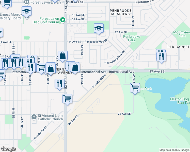 map of restaurants, bars, coffee shops, grocery stores, and more near 101-5701 17 Avenue Southeast in Calgary