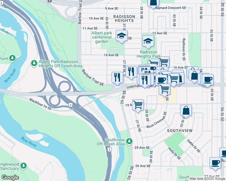 map of restaurants, bars, coffee shops, grocery stores, and more near 17 Avenue Southeast in Calgary