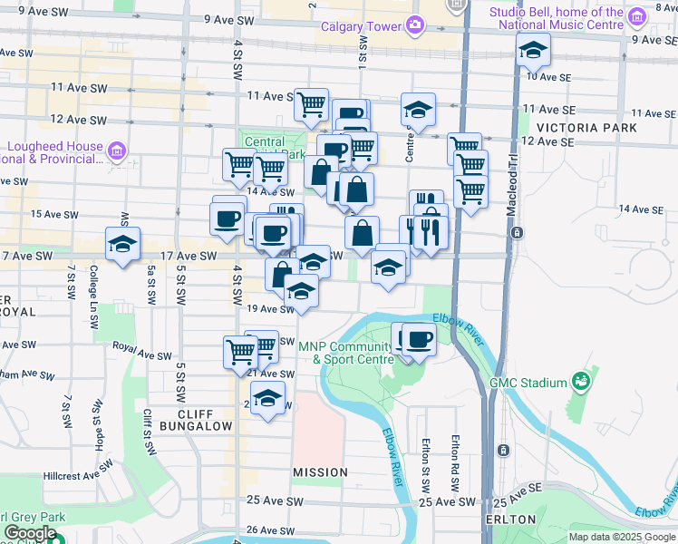 map of restaurants, bars, coffee shops, grocery stores, and more near 141 18 Avenue Southwest in Calgary