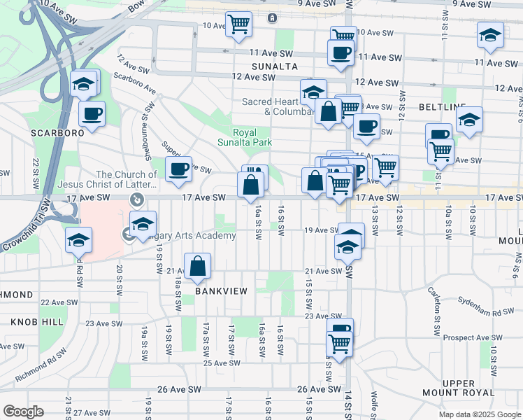 map of restaurants, bars, coffee shops, grocery stores, and more near 1816 16A Street Southwest in Calgary
