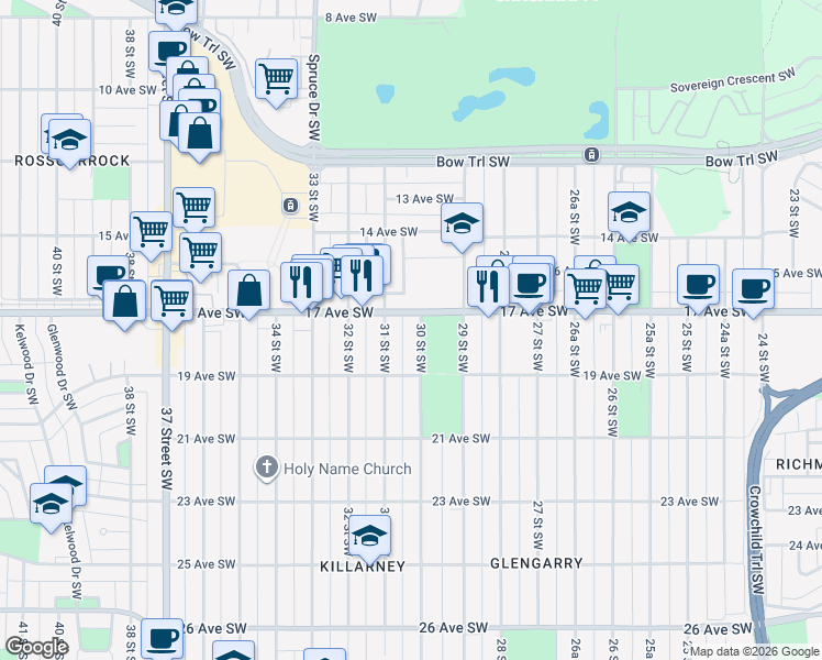 map of restaurants, bars, coffee shops, grocery stores, and more near in Calgary