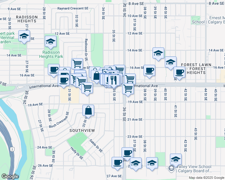 map of restaurants, bars, coffee shops, grocery stores, and more near in Calgary