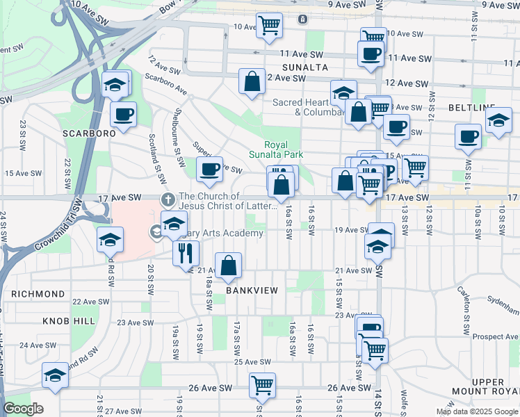 map of restaurants, bars, coffee shops, grocery stores, and more near 1809 17 Street Southwest in Calgary
