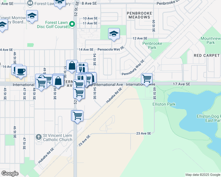 map of restaurants, bars, coffee shops, grocery stores, and more near 5701 17 Avenue Southeast in Calgary