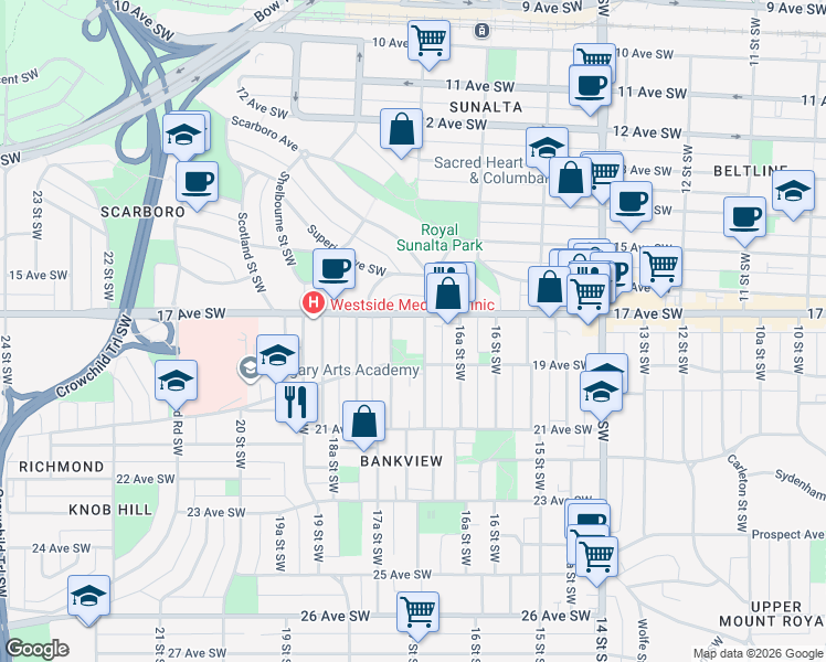 map of restaurants, bars, coffee shops, grocery stores, and more near 1809 17 Street Southwest in Calgary