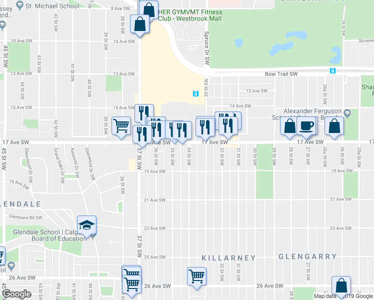 map of restaurants, bars, coffee shops, grocery stores, and more near 3417 17 Avenue Southwest in Calgary