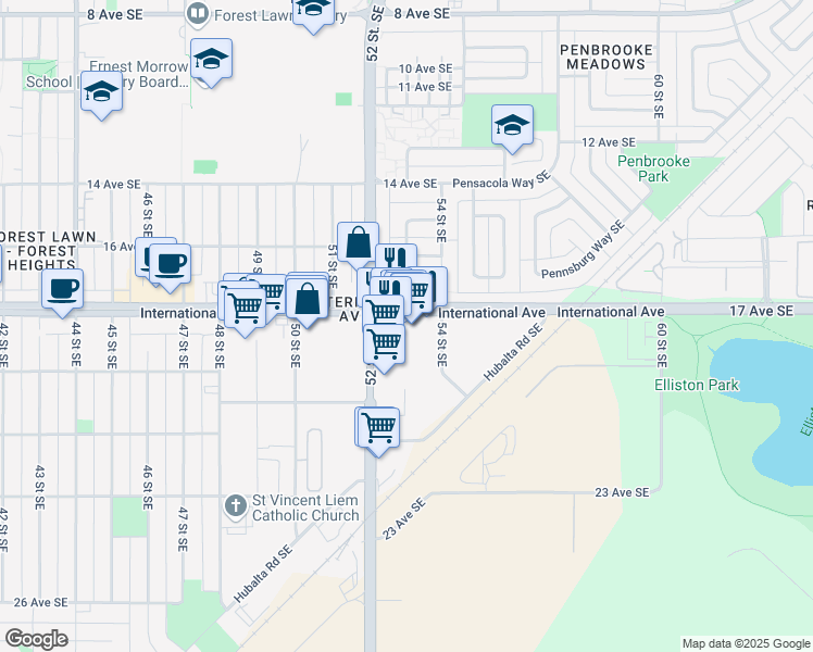 map of restaurants, bars, coffee shops, grocery stores, and more near 5315 17 Avenue Southeast in Calgary