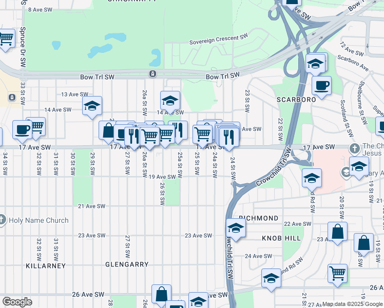 map of restaurants, bars, coffee shops, grocery stores, and more near in Calgary